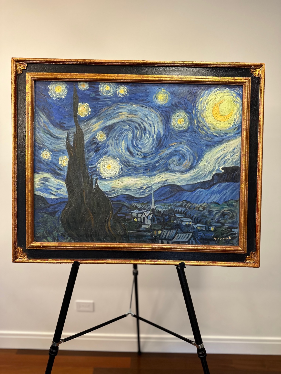 Van Gogh — The Starry Night (1889). Swirling night sky, expressive motion.
