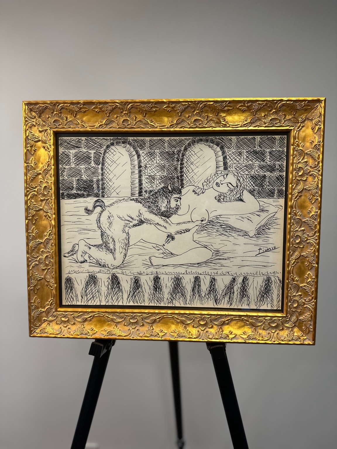 Minotaur and Reclining Woman (after Picasso) — pen & ink; rhythmic hatching.