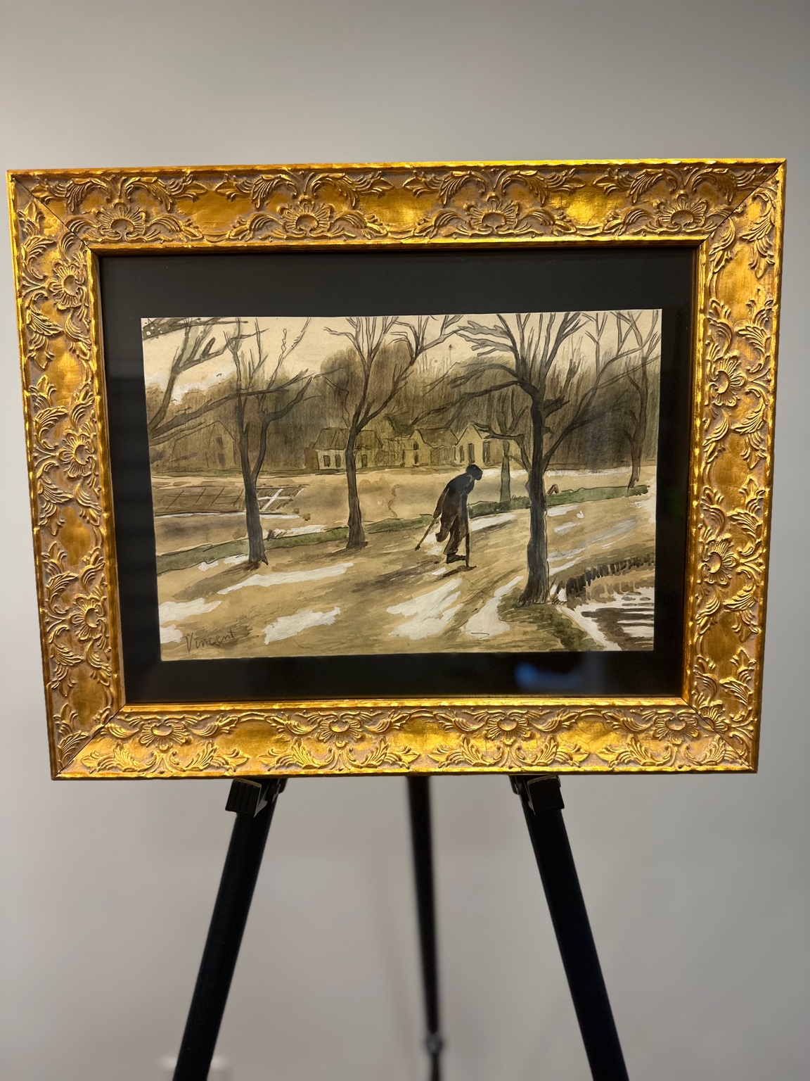 Winter Park with Figure (after Van Gogh) — watercolor; ochres and olives.