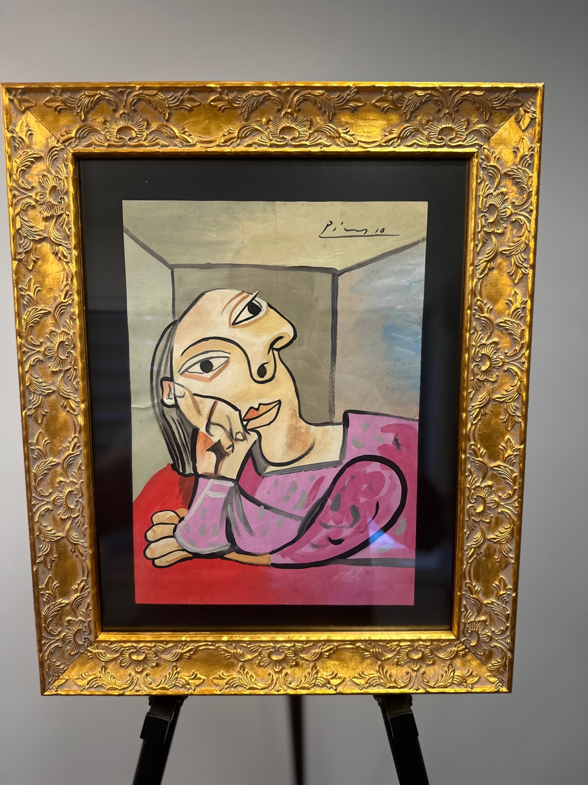 Resting Woman in Pink (after Picasso) — gouache; calm figure in a box-like interior.