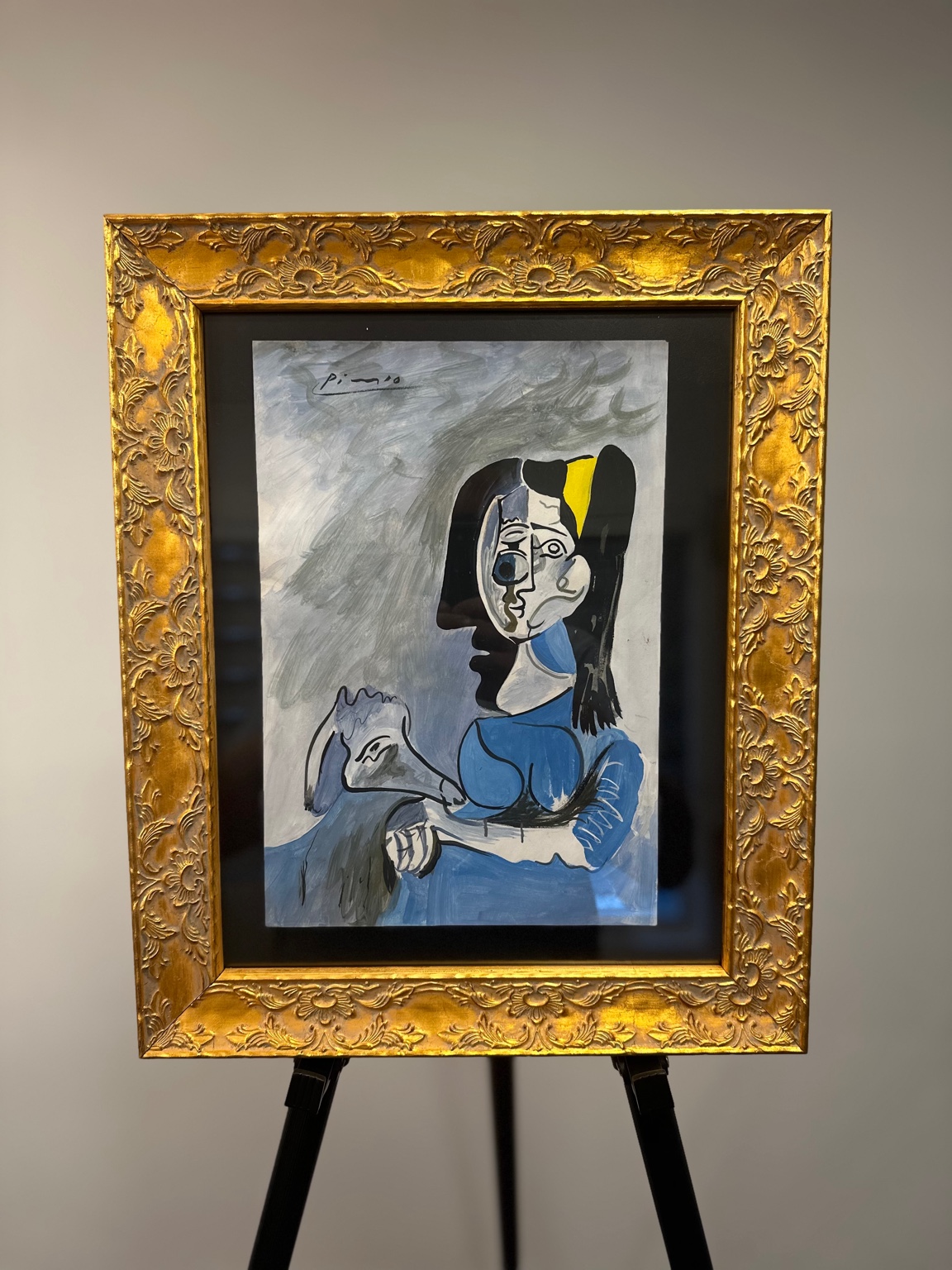 Woman with Bird in Blue (after Picasso) — gouache; ultramarine contrasts.