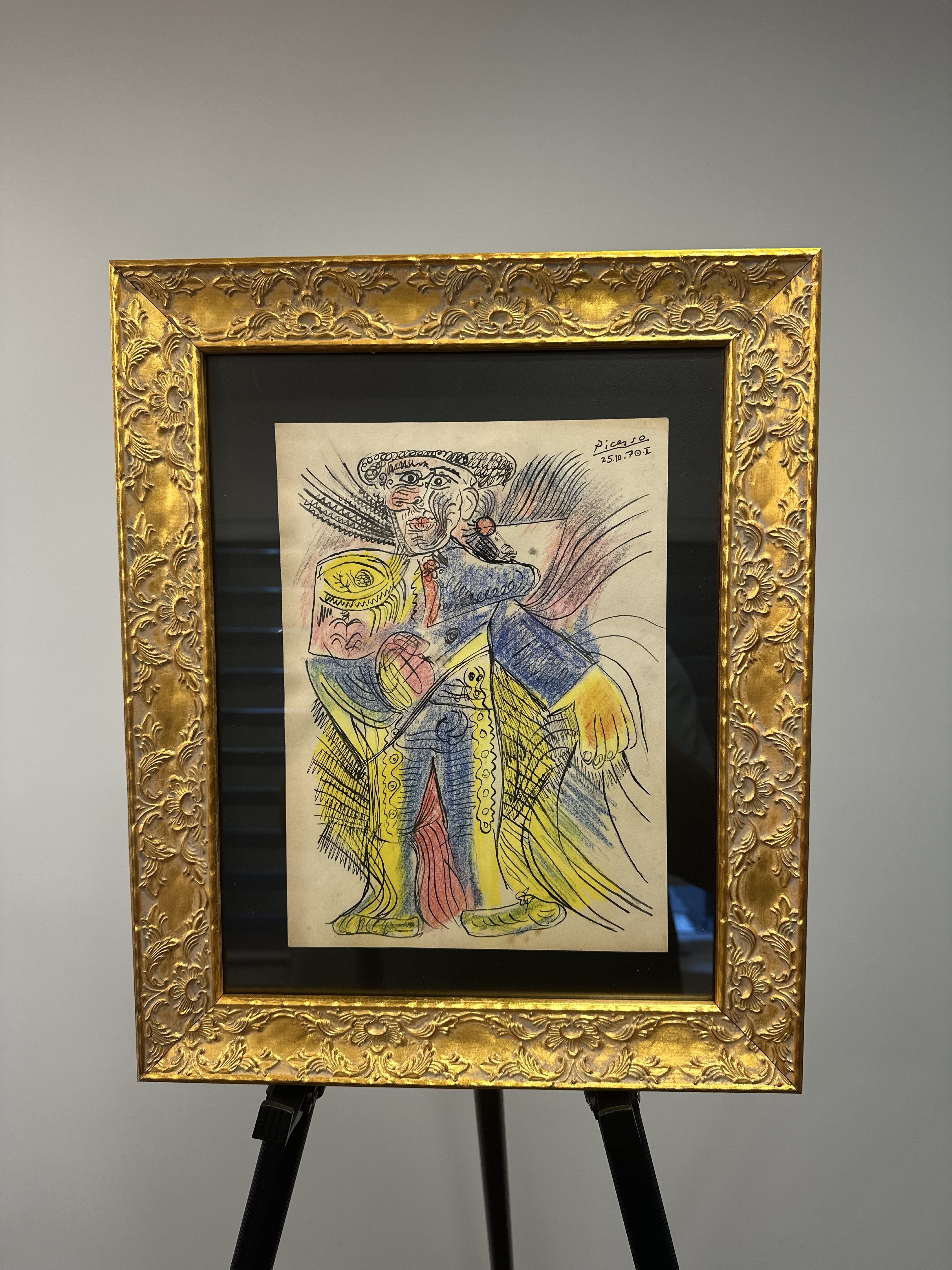 Matador with Sun-Child (after Picasso) — crayon/ink; grotesque torero in vivid hues.