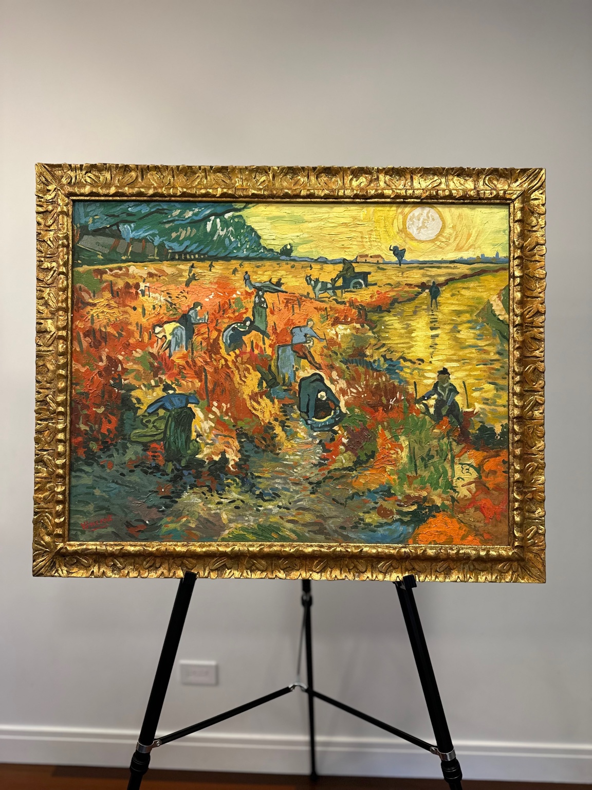 Van Gogh — The Red Vineyard (1888). Harvest scene in blazing reds; the only lifetime sale.