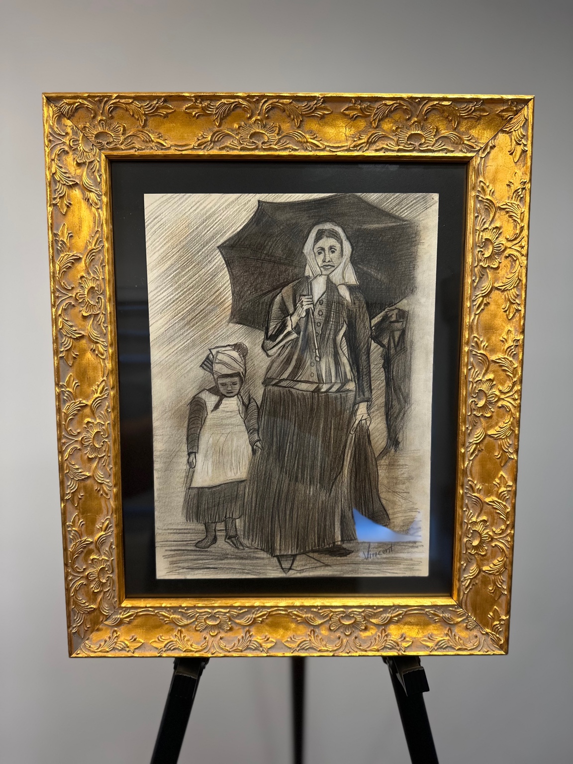 Mother and Daughter with Umbrella (after Van Gogh) — pencil sketch; sober northern mood.