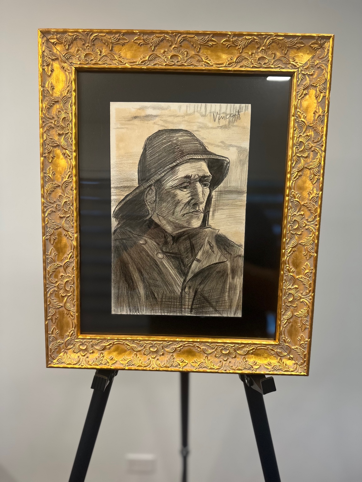 Stone Field Landscape (after Van Gogh) — pen; windswept tufts, distant bird.