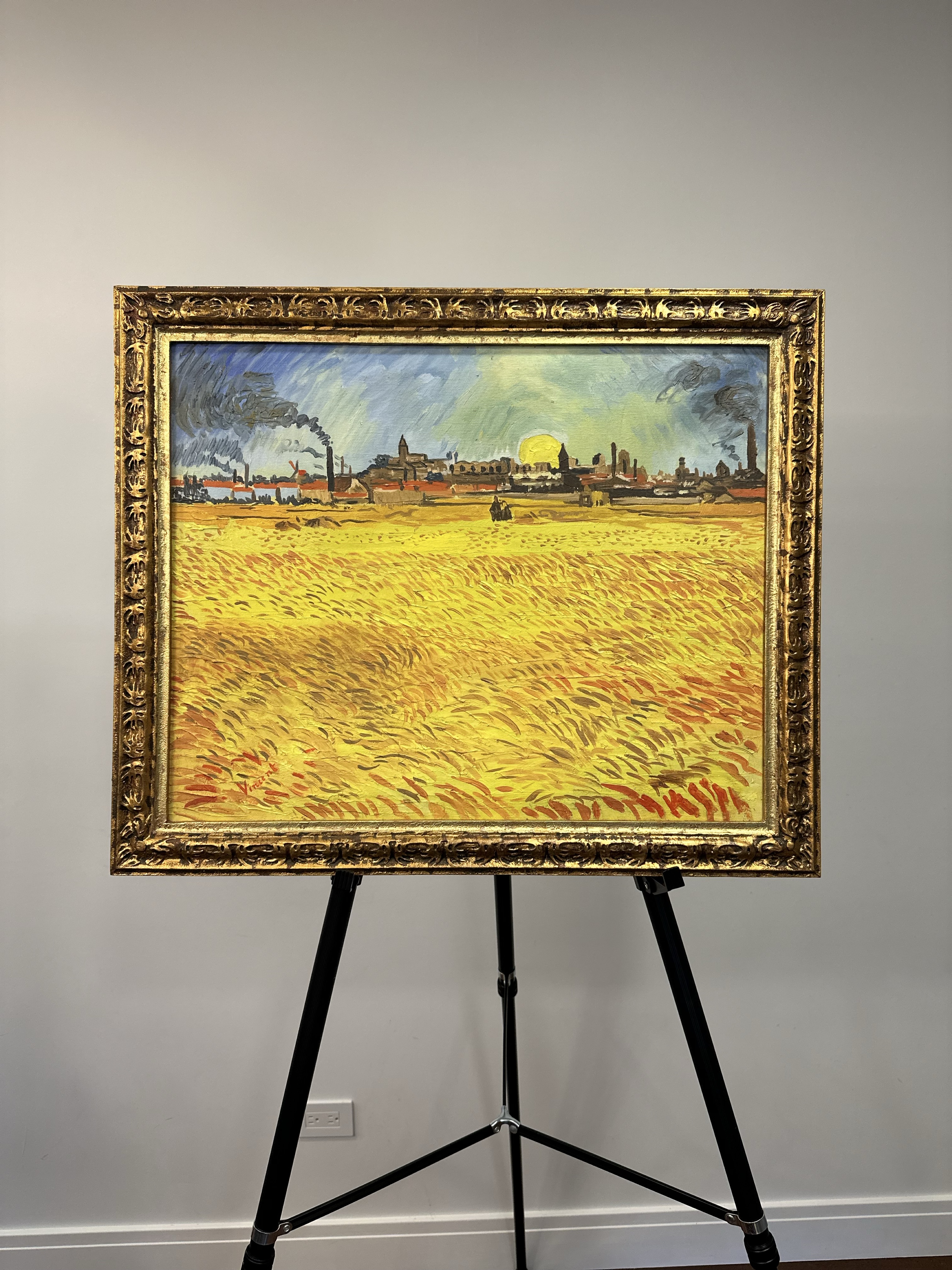 Van Gogh — Wheatfield with Factories (1888). Rural gold vs. industrial skyline.