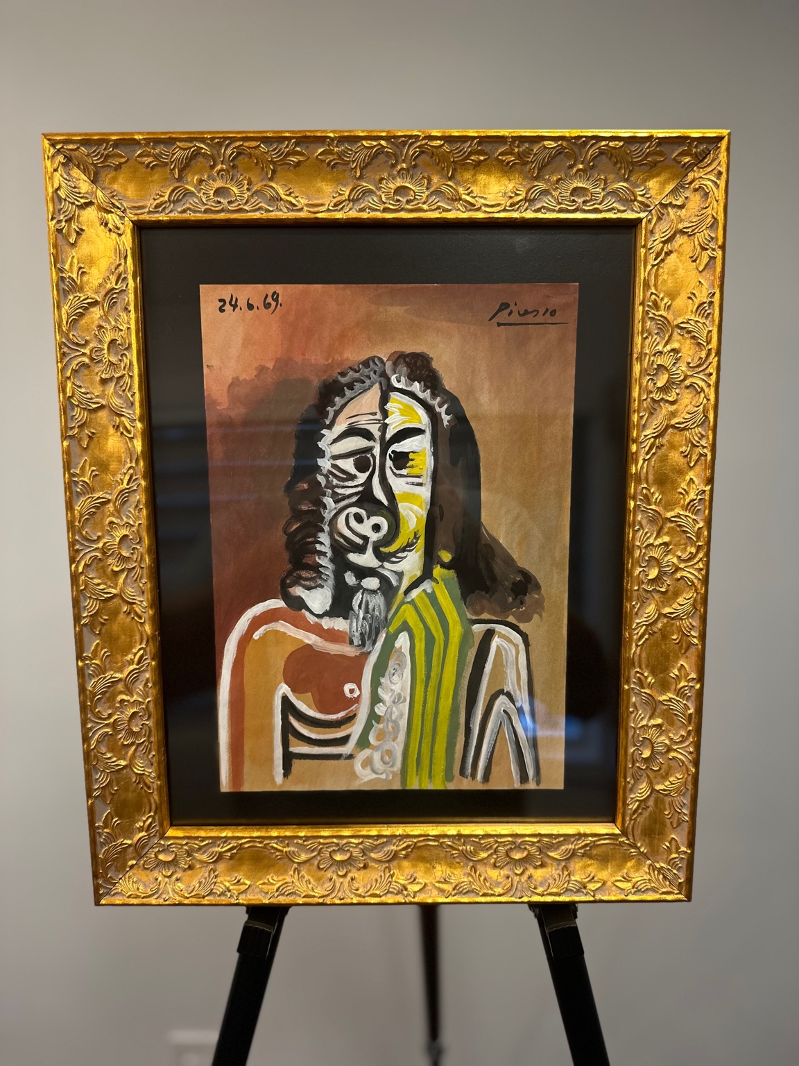 Head of a Man, 24.06.69 (after Picasso) — gouache/ink; mask-like contours in warm tones.