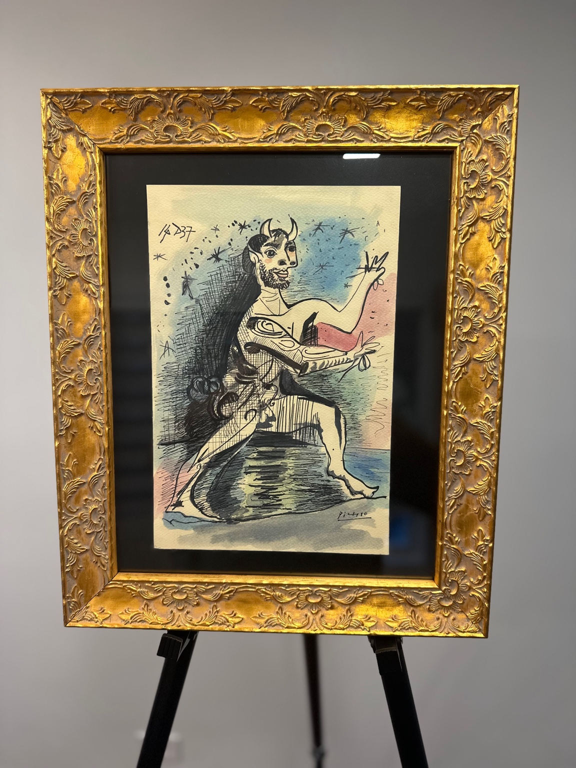 Faun in Motion (after Picasso) — gouache/watercolor; swift diagonal energy.