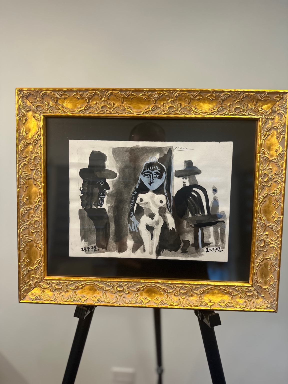 Nude Between Two Men (after Picasso) — gouache; theatrical lighting.