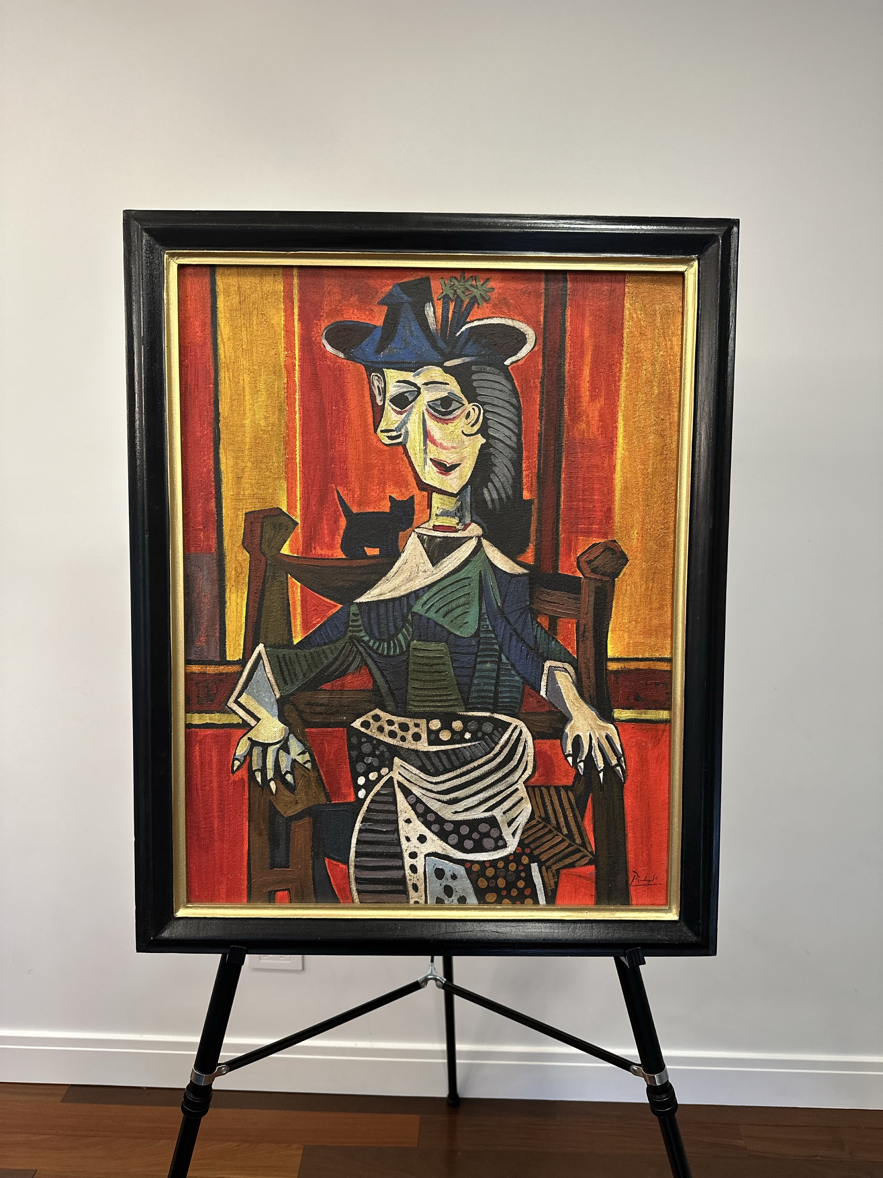 Picasso — Seated Woman against Red Background (1938). Geometric structure, strong contrast.