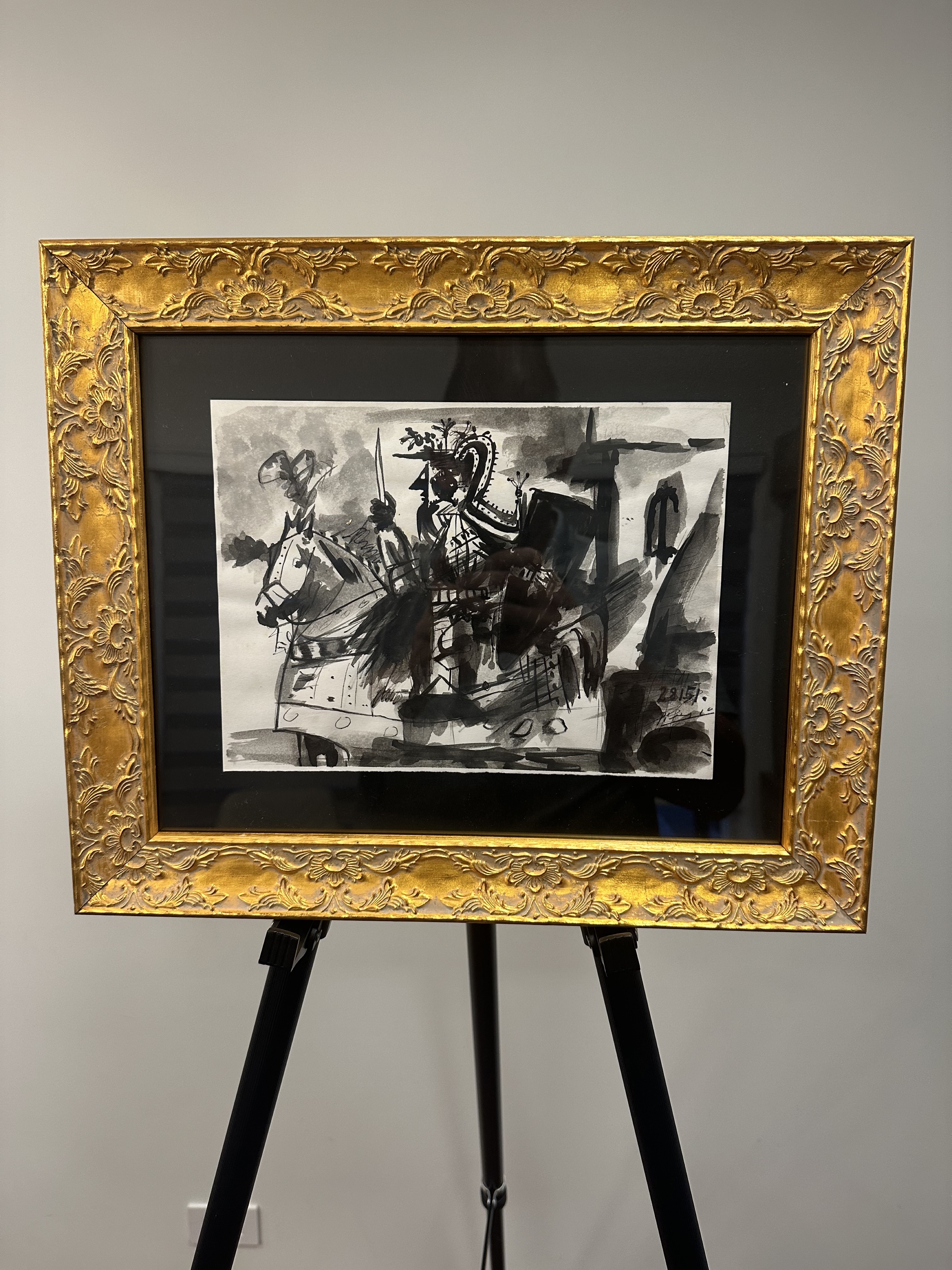 Don Quixote on the Hill (after Picasso) — black ink; expressive patches.