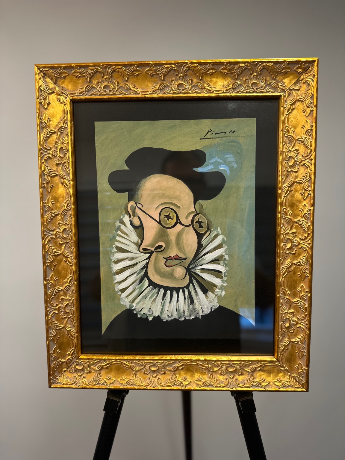 Man with Ruff Collar (after Picasso) — gouache; Golden Age pastiche with lens-like glasses.