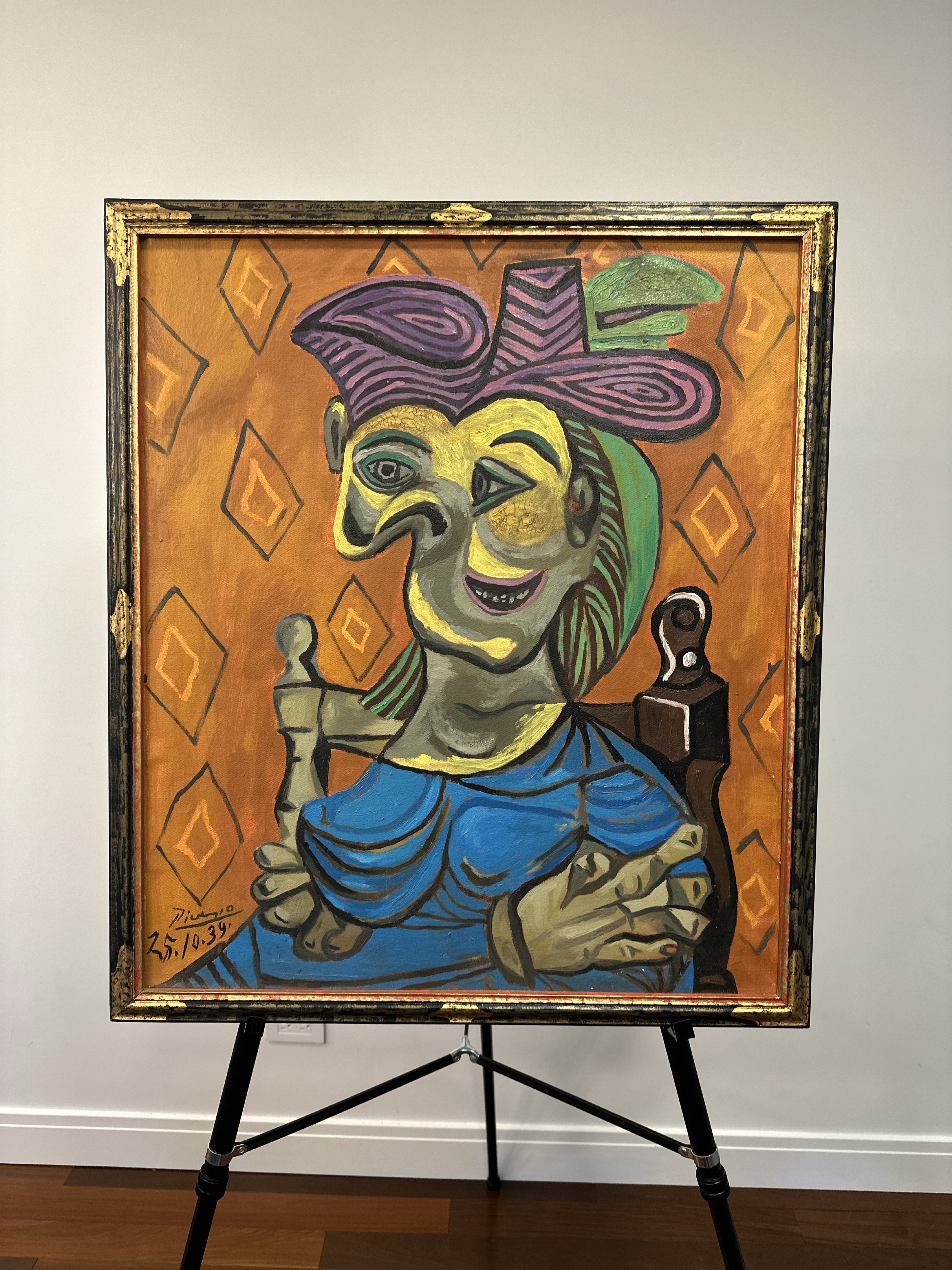 Picasso — Woman with Straw Hat (1939). Energetic portrait; bold colors and Cubist deformation.