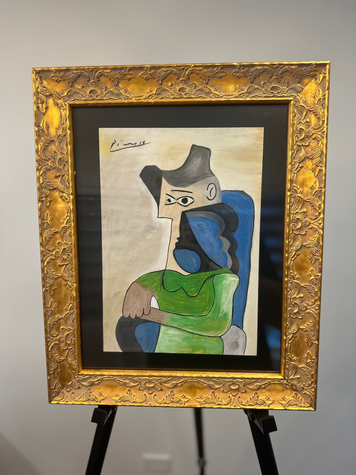 Seated Woman in Green (after Picasso) — gouache; flat fields, rectilinear rhythm.