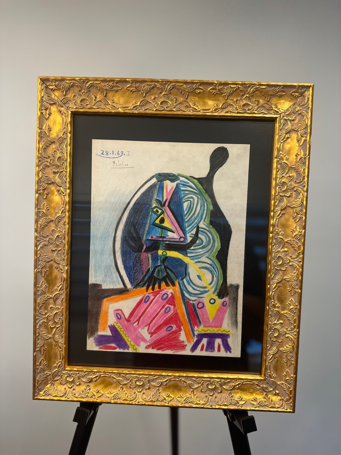 Woman in Armchair, 28.01.69 (after Picasso) — crayon/gouache; rose/violet accents.