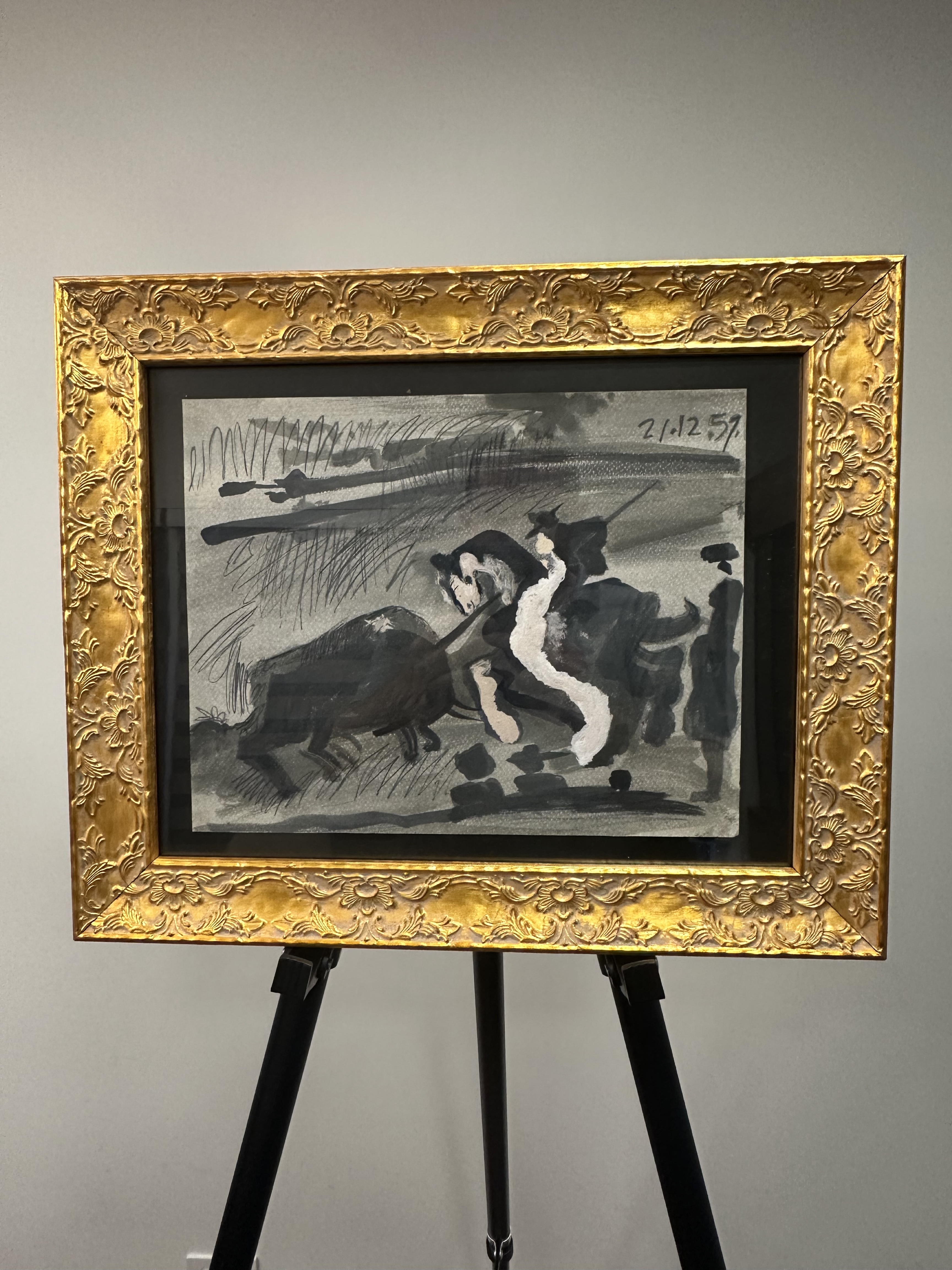 Corrida, 02.12.57 (after Picasso) — quick gouache; bullring momentum.