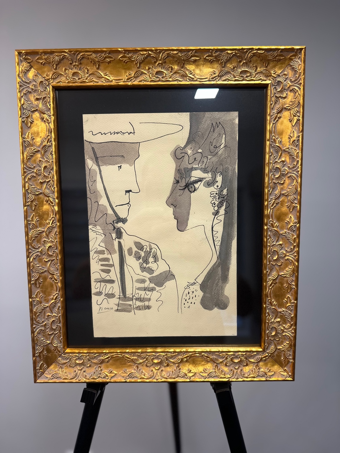 Matador and Lady, Tête-à-tête (after Picasso) — washed ink; ornate costume.