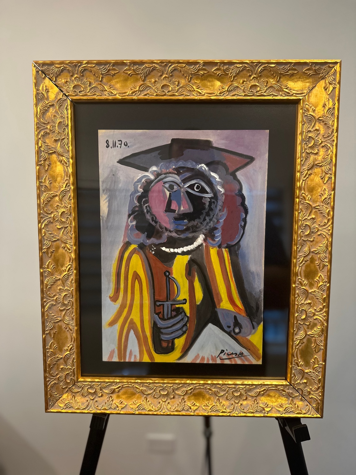 Woman with Sword, 08.11.70 (after Picasso) — gouache; theatrical costume and pearls.