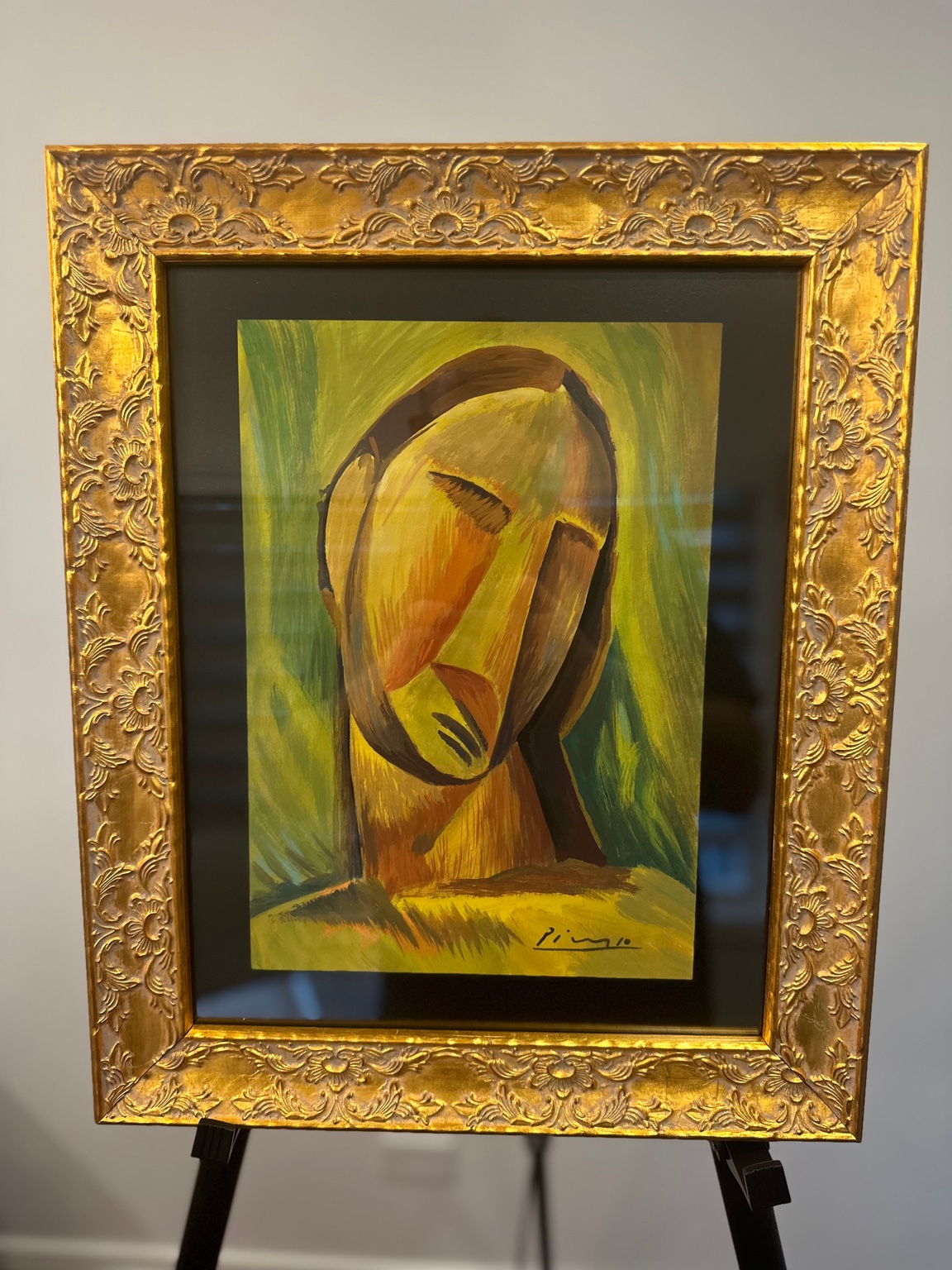 Stylized Head in Green (after Picasso) — gouache; sculptural synthesis.