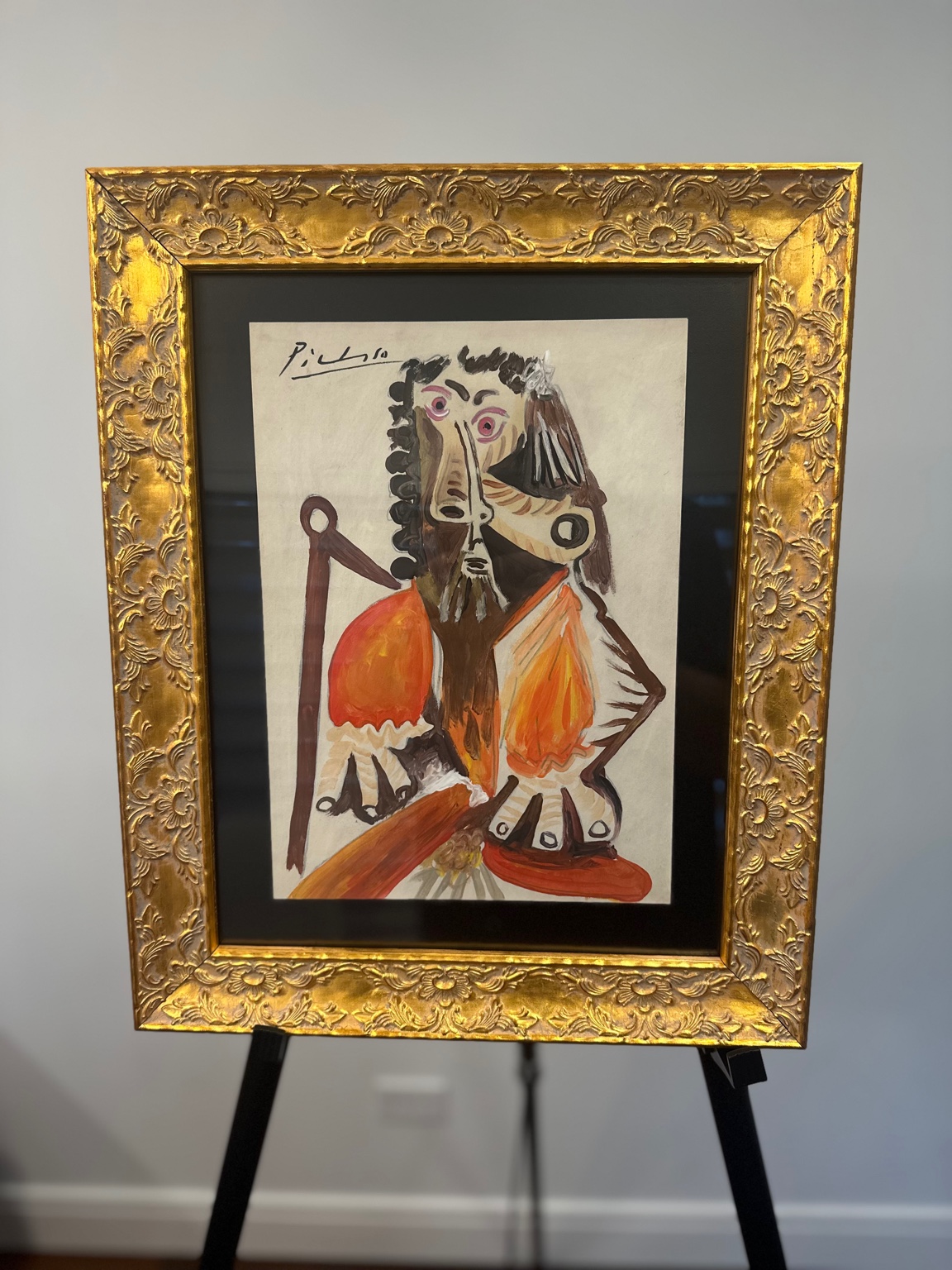 Bearded Man with Scepter (after Picasso) — gouache; ceremonial frontality.