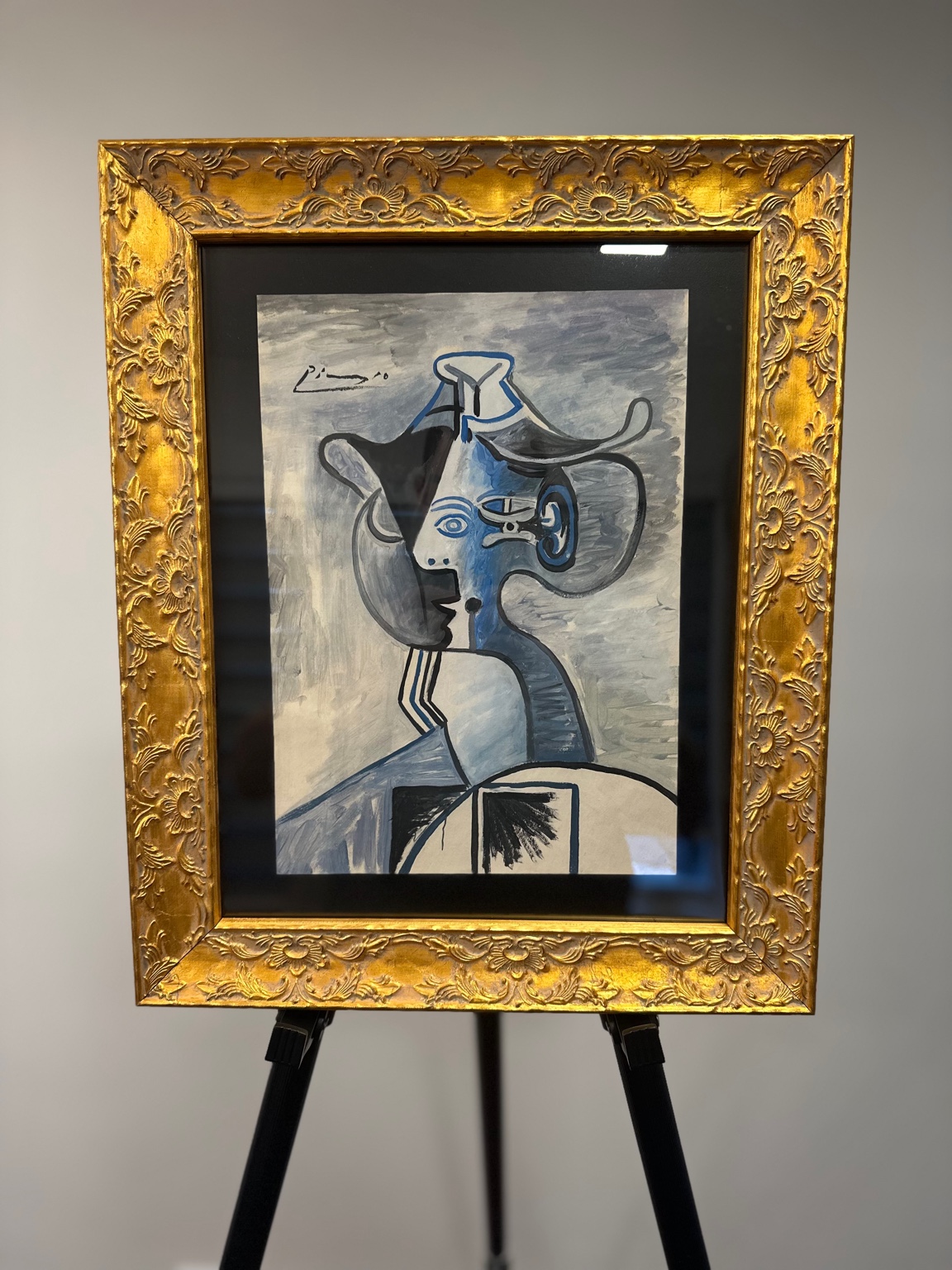 Blue Head with Horned Hat (after Picasso) — gouache; cool gray-blues, linear synthesis.