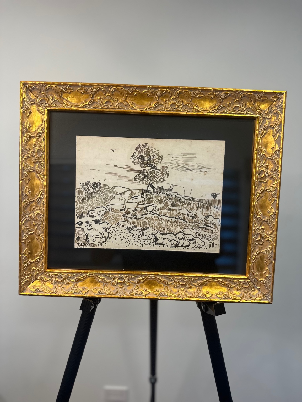 Cypress as Flame (after Van Gogh) — pen; swirling strokes, stormy sky.