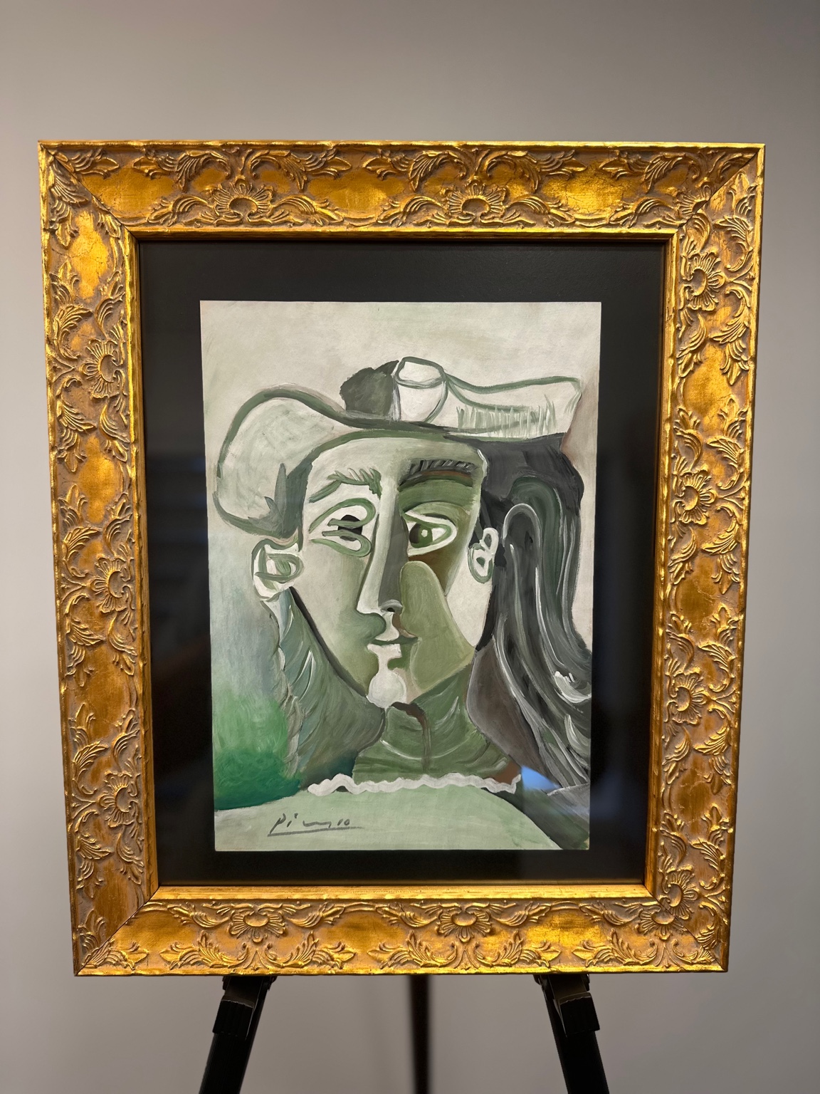 Double Portrait with Hat (after Picasso) — watercolor/gouache; symmetrical ‘two-sided’ face.