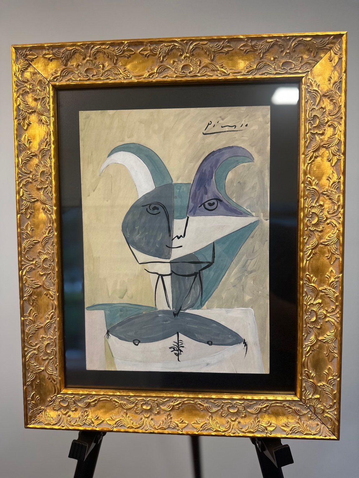 Bust with Mask-like Hat (after Picasso) — gouache; cool blues, geometric features.