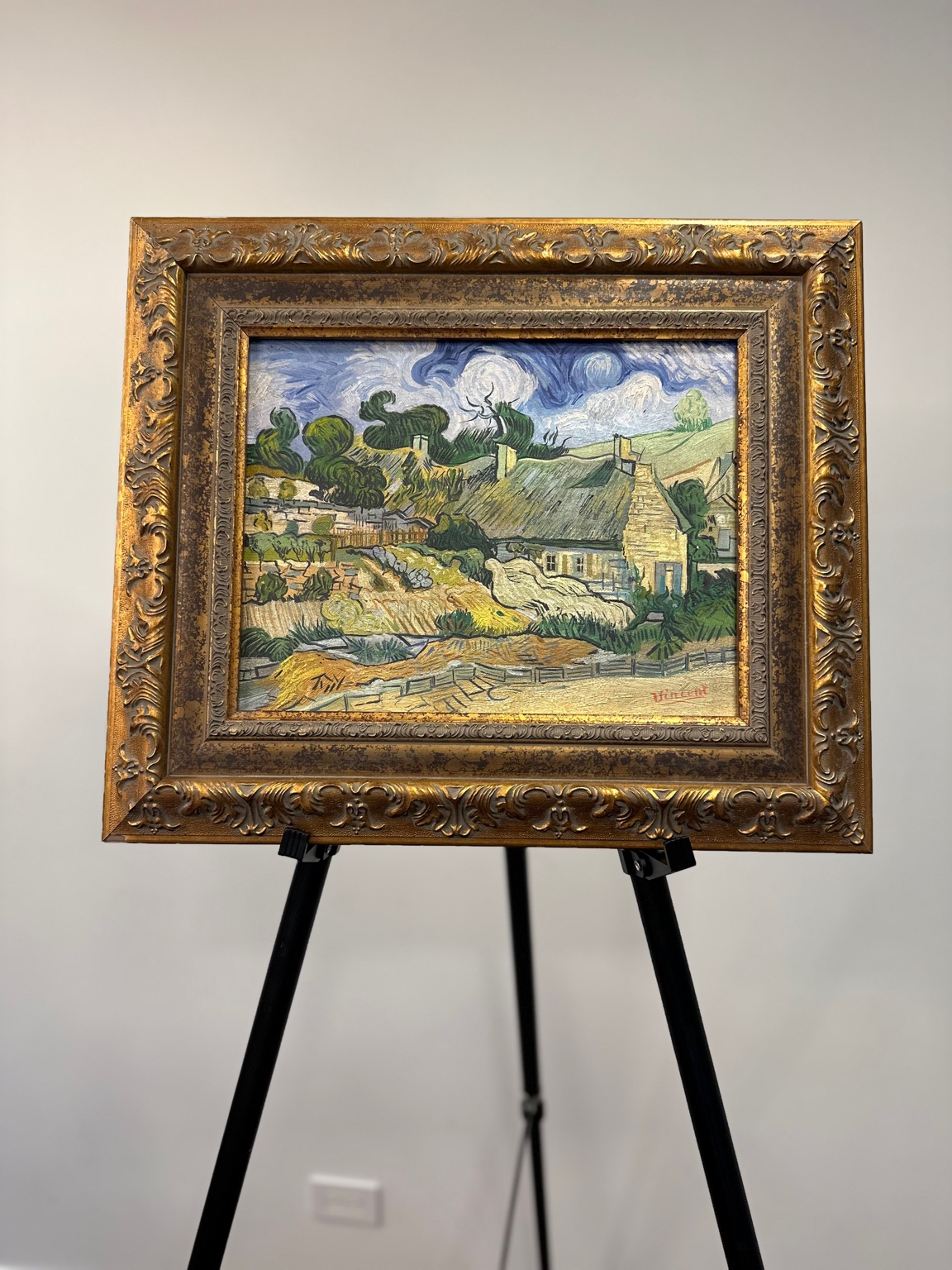 Van Gogh — Thatched Cottages in Sunshine (1890). Rural idyll; dynamic sky.