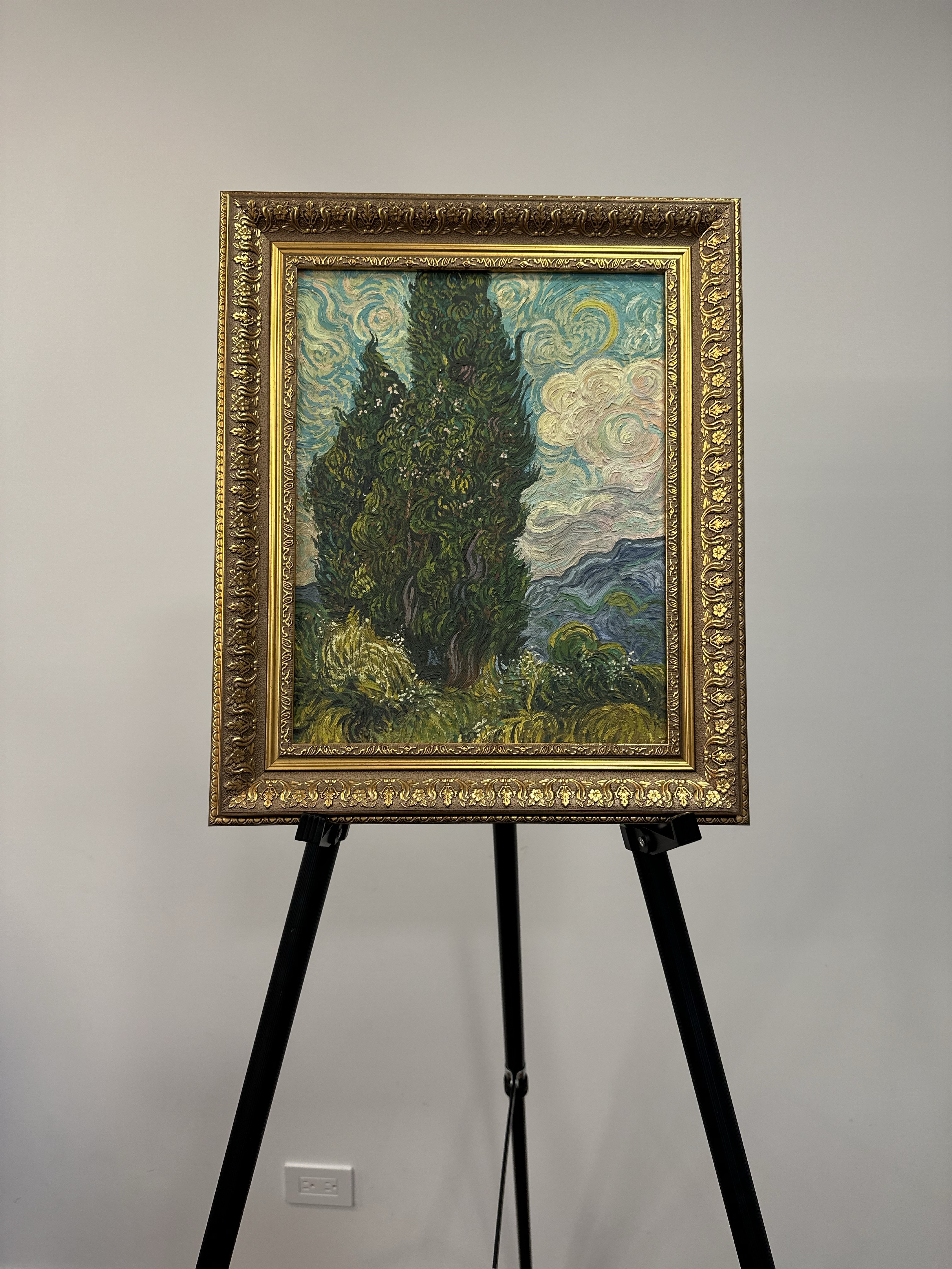 Van Gogh — Cypresses (1889). Monumental trees, stormy clouds.